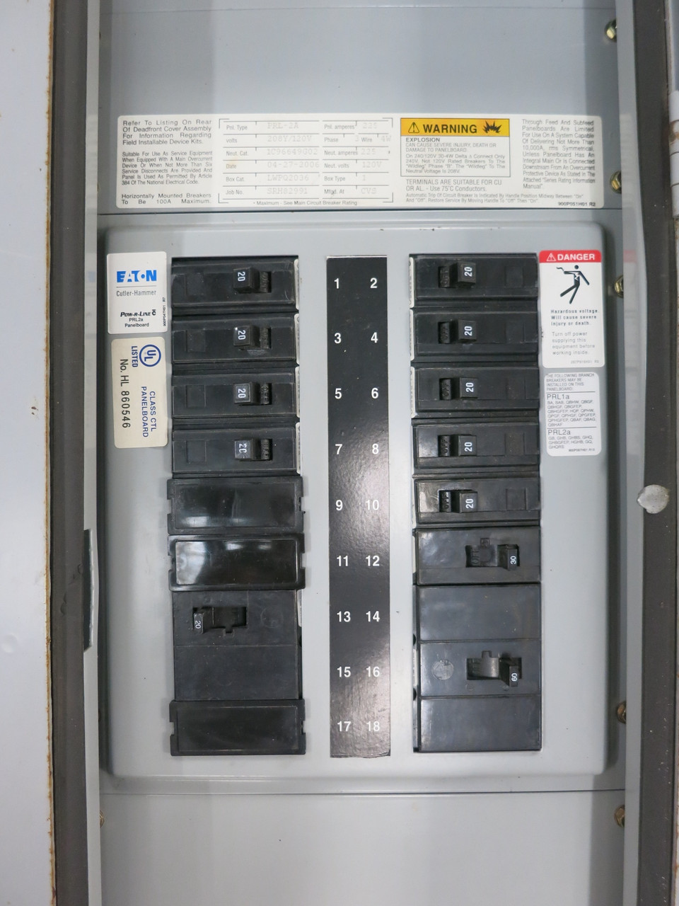 Eaton PRL-2a 225A Pow-R-Line Breaker Panel Board 208Y/120 3PH 4W
